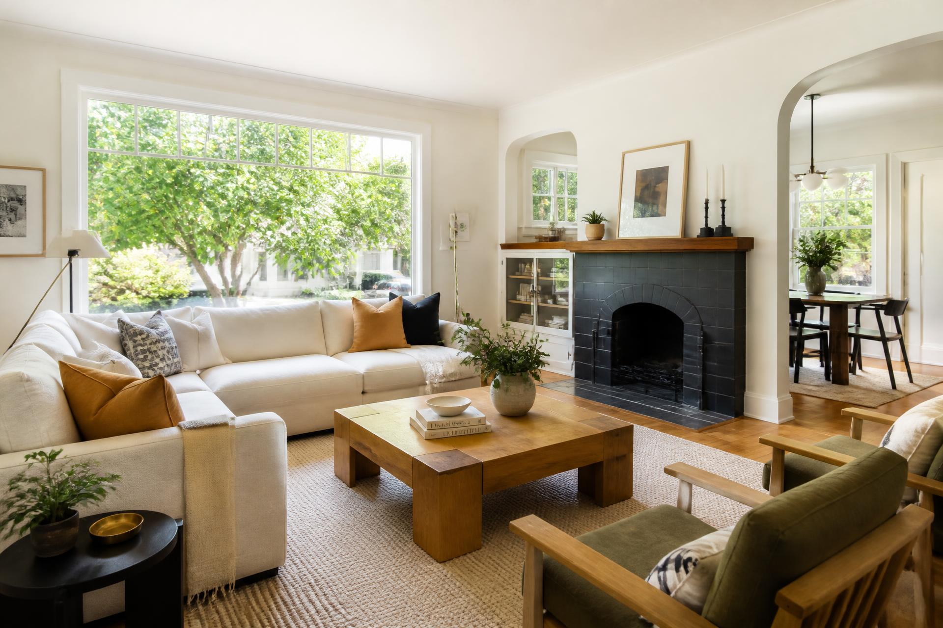 Sunlit Portland living room with a large window looking out to green trees